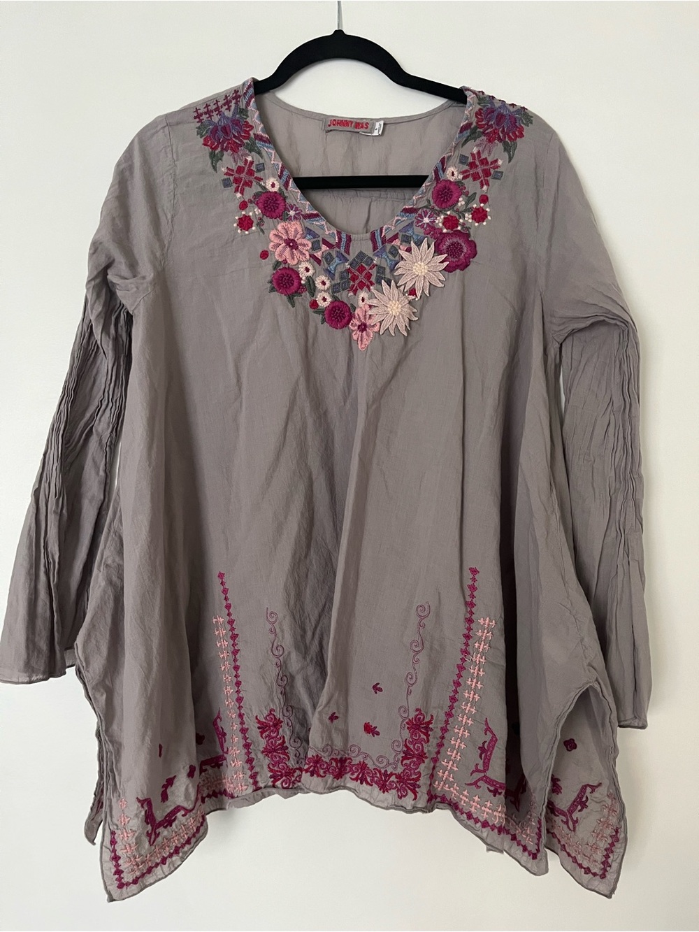 Johnny Was Lavender Gray Embroidered Tunic with Pink Floral Accents